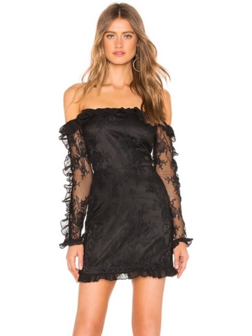 Revolve Lovers + Friends Black Lace Off The Shoulder Mini Dress Size Small